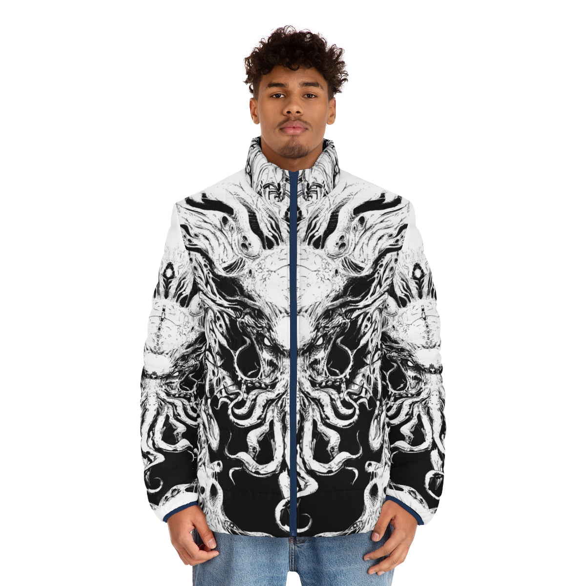 Cthulhu puffer jacket with cosmic horror design - men front