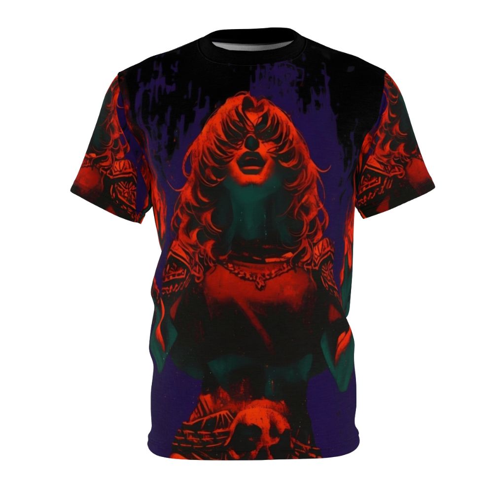 T-shirt featuring a fiery, fantastical voidstomper creature in a dark fantasy art style.