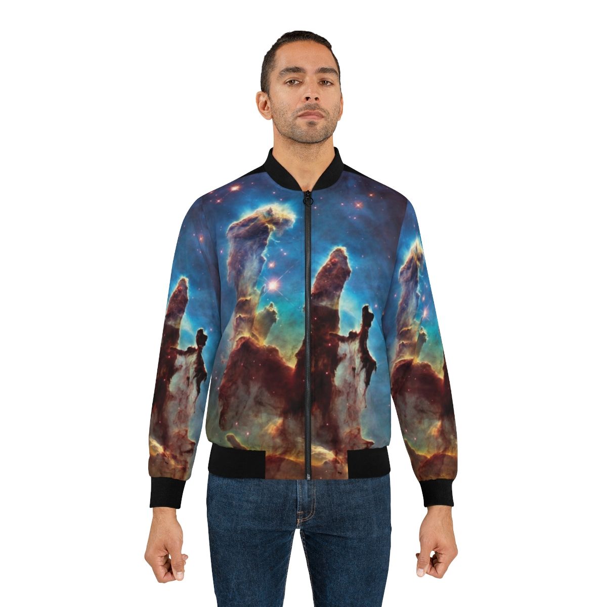 Nebula-inspired bomber jacket featuring cosmic design - Lifestyle