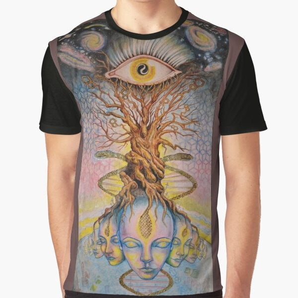 Pineal gland visionary art t-shirt featuring a graphic design with a snake, tree, and third eye symbolism