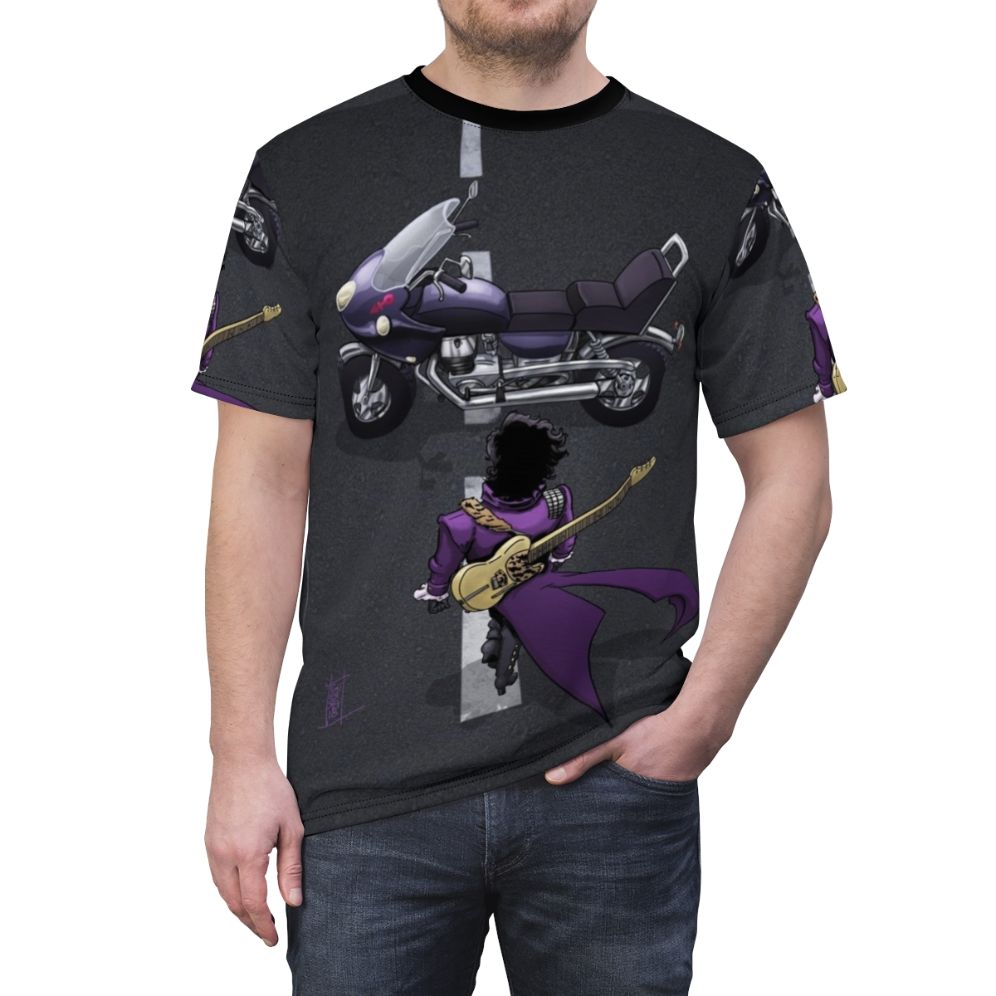 Unisex t-shirt featuring a vibrant motorcycle, guitar, and purple-themed design inspired by manga and anime art. - men front