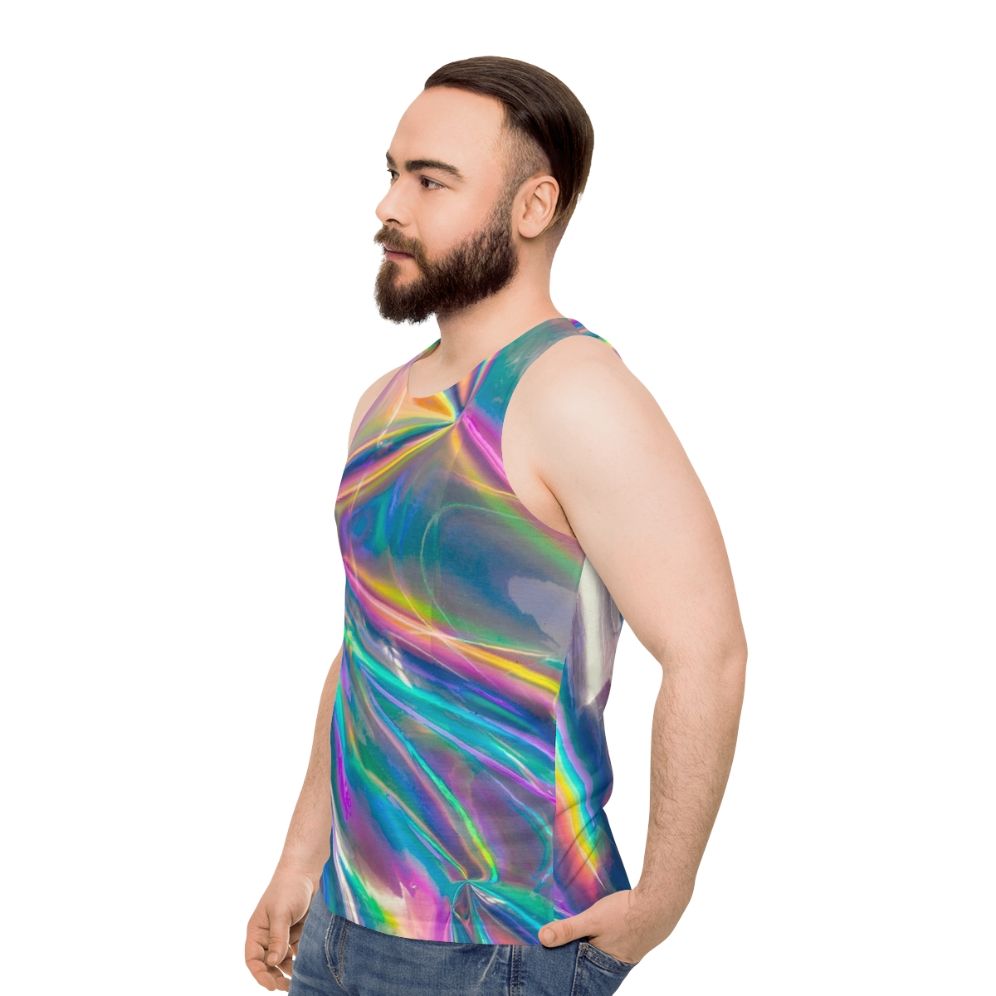 Holographic unisex tank top with vibrant, iridescent colors - men side