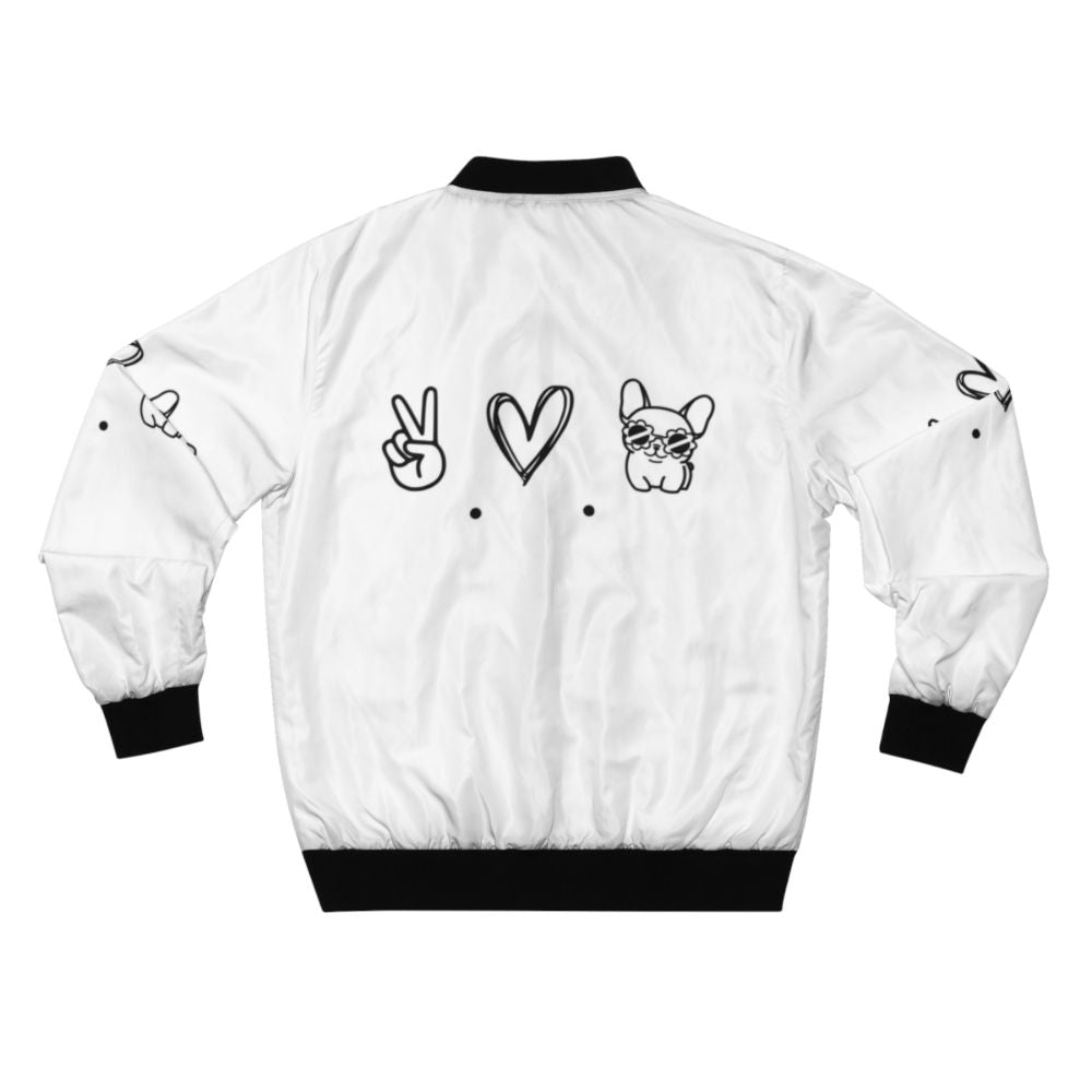 Minimalist bomber jacket with a French bulldog design, featuring the words "Peace, Love & Frenchies". - Back