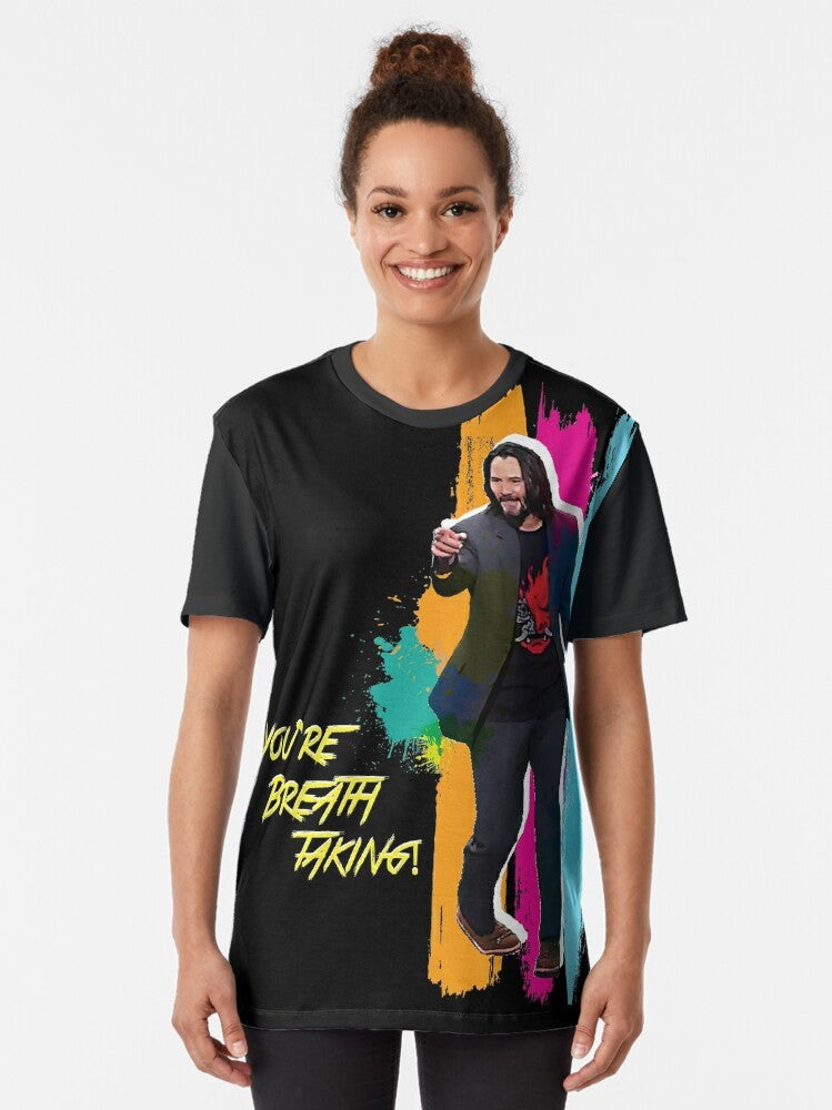 "You're Breathtaking" Keanu Reeves Cyber Punk Graphic T-Shirt with Vivid Rainbow Colors - Women