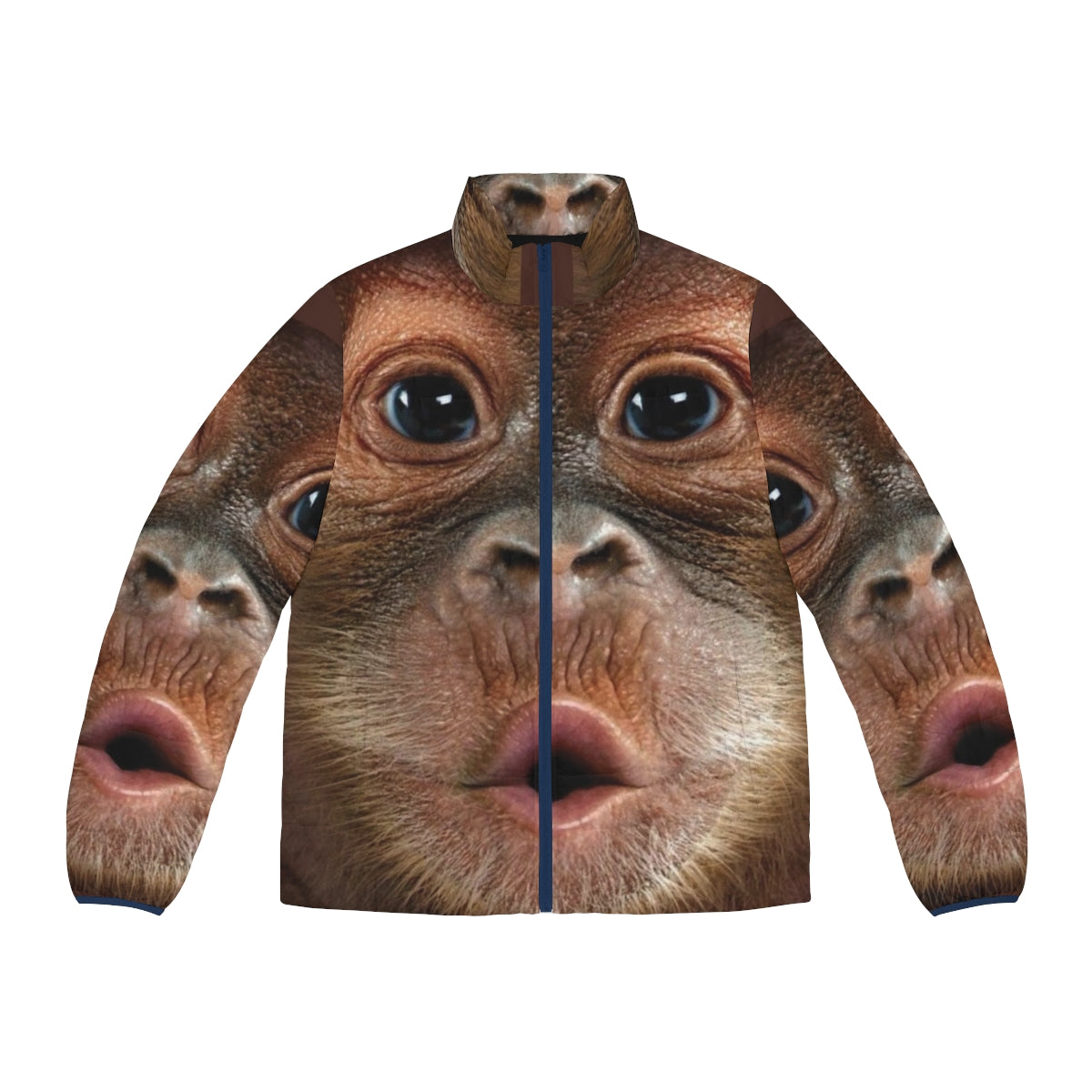 Puffer jacket featuring a hyper realistic baby orangutan monkey print design