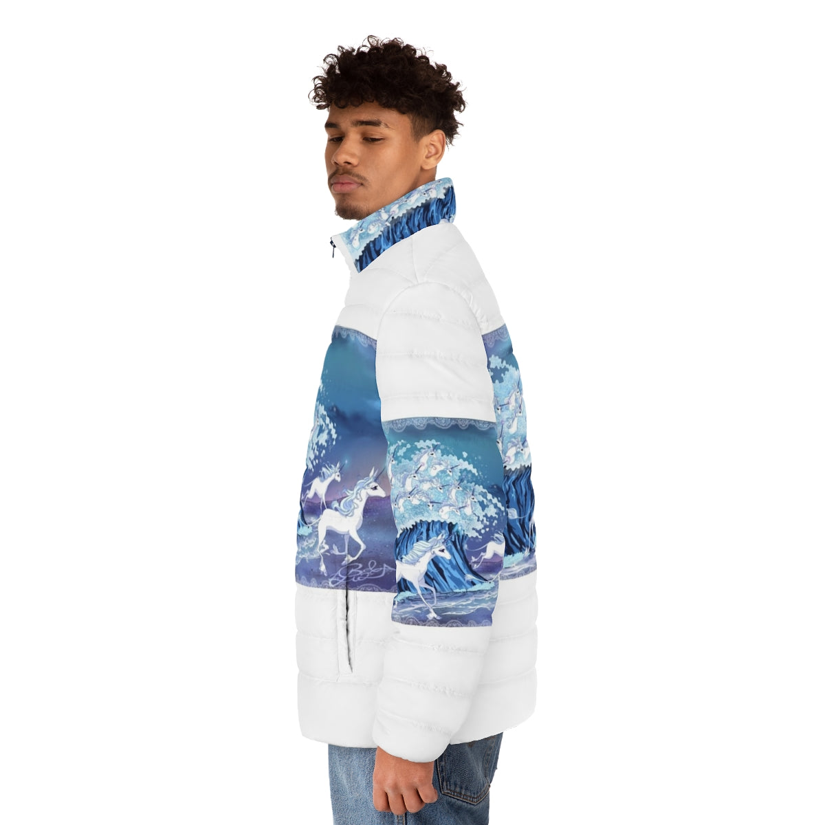 Puffer jacket featuring enchanting unicorns swimming in the sea - men side left