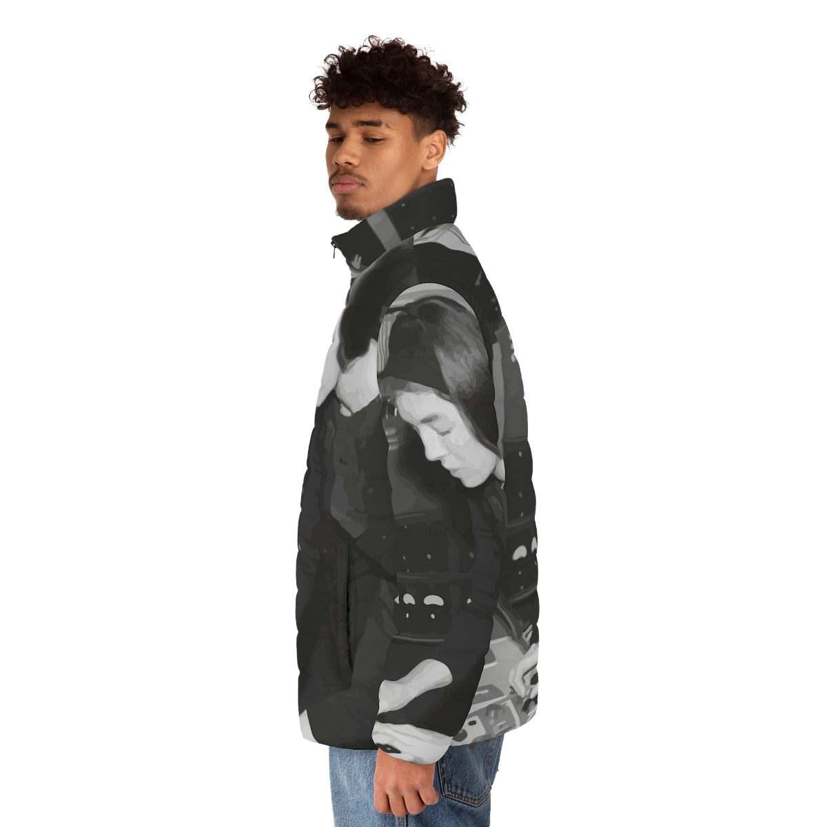 Delia Derbyshire themed puffer jacket with electronica and experimental music inspired design - men side left