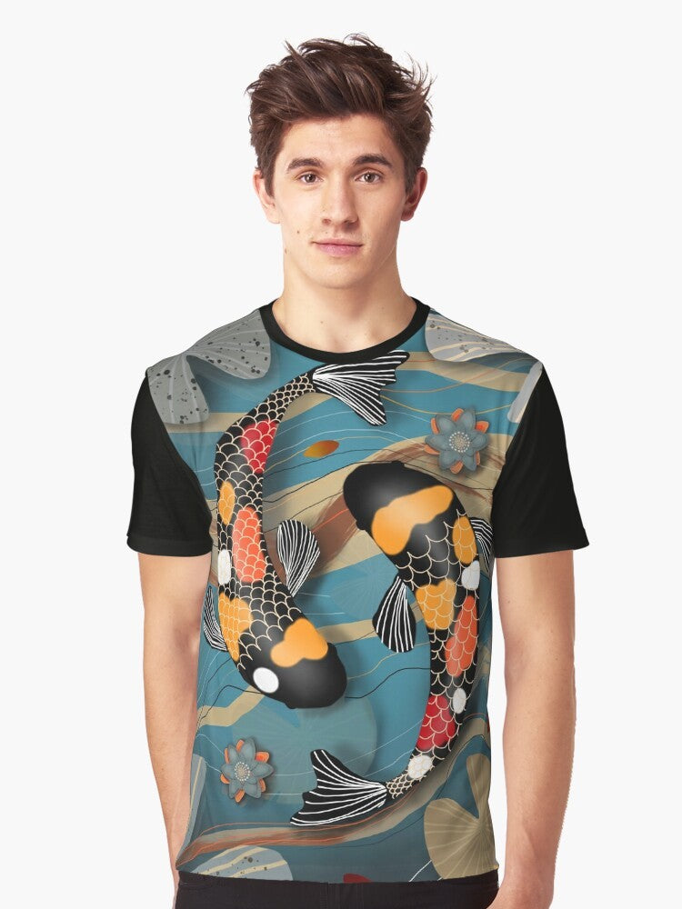 Koi fish swimming in a pond with a watergarden graphic design on a t-shirt - Men