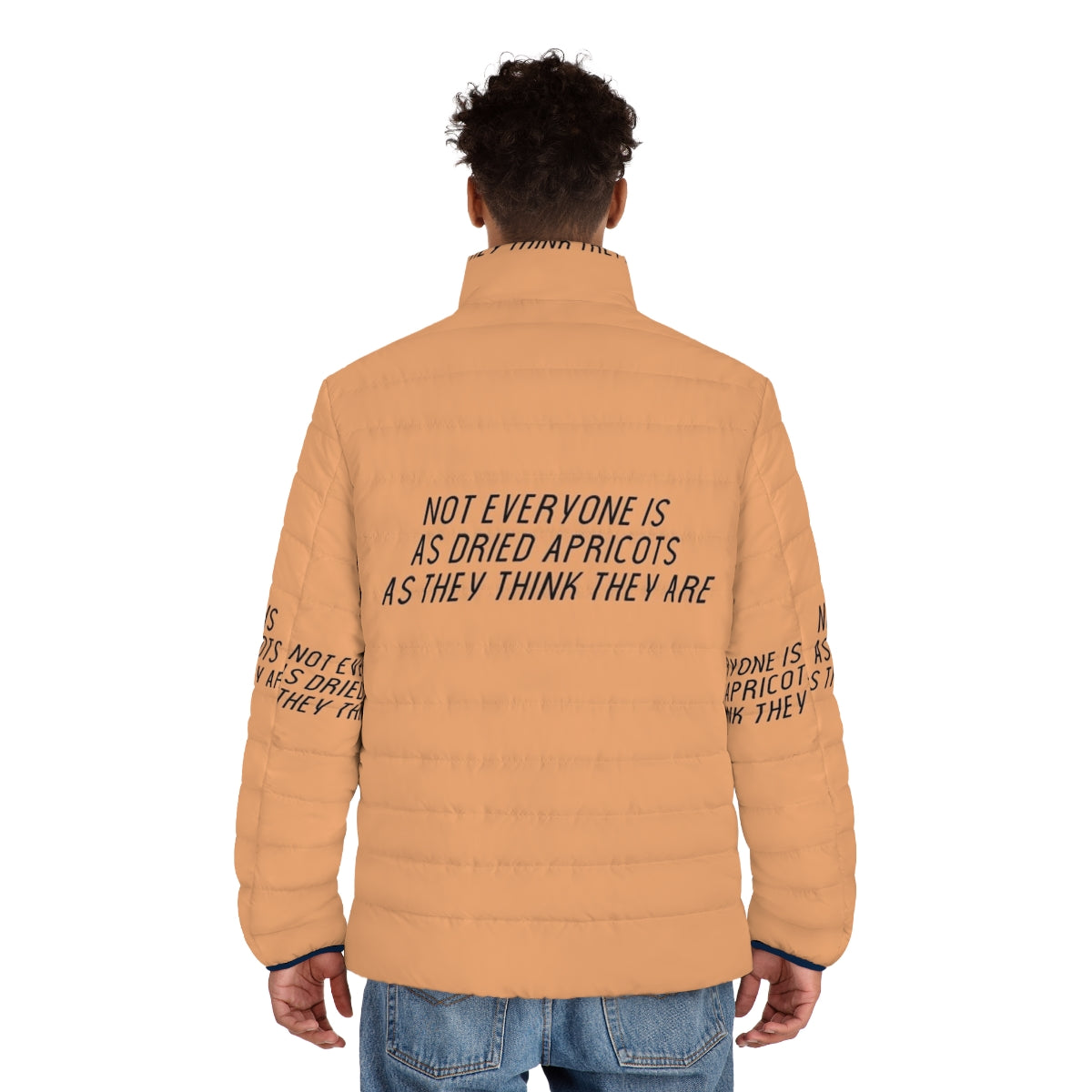 James Acaster's Apricots Puffer Jacket - Surreal Comedy Style with Typography and Minimalist Design - men back