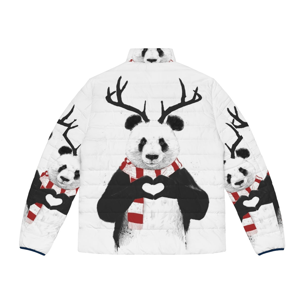 Panda wearing a cozy puffer jacket with antlers, illustration by Balazs Solti - Back