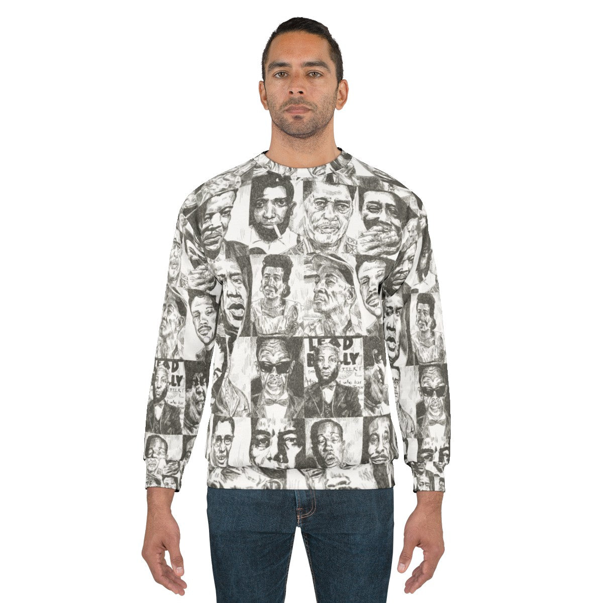 Blues music sweatshirt featuring hand-drawn portraits of legendary blues musicians - men