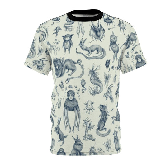 Enchanting beings and creatures AOP t-shirt featuring a whimsical pattern of mythical and fantasy elements