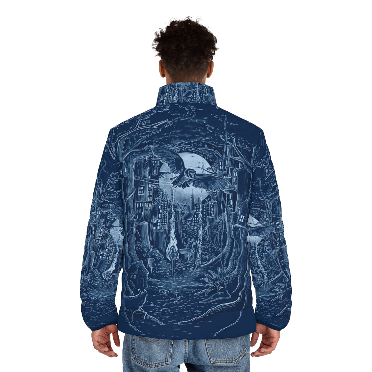 Puffer jacket with forest, moon, and animal elements - men back