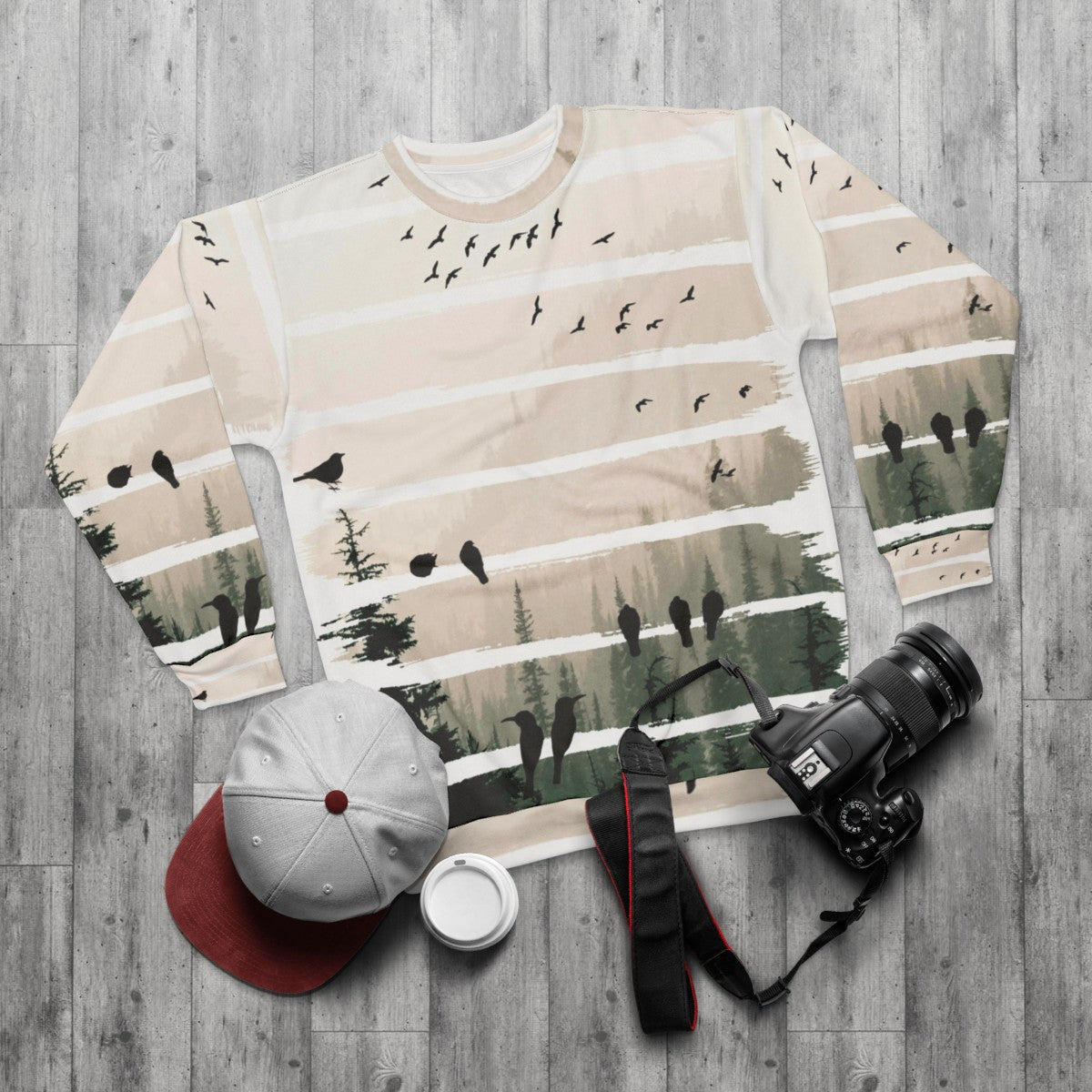 Birds watching birds at sunset abstract nature sweatshirt - flat lay