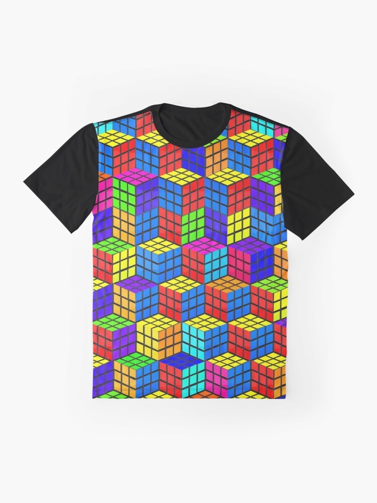 A vibrant and eye-catching graphic t-shirt featuring a Rubik's cube inspired optical illusion design with a Escher-esque, geometric, and abstract style. - Flat lay