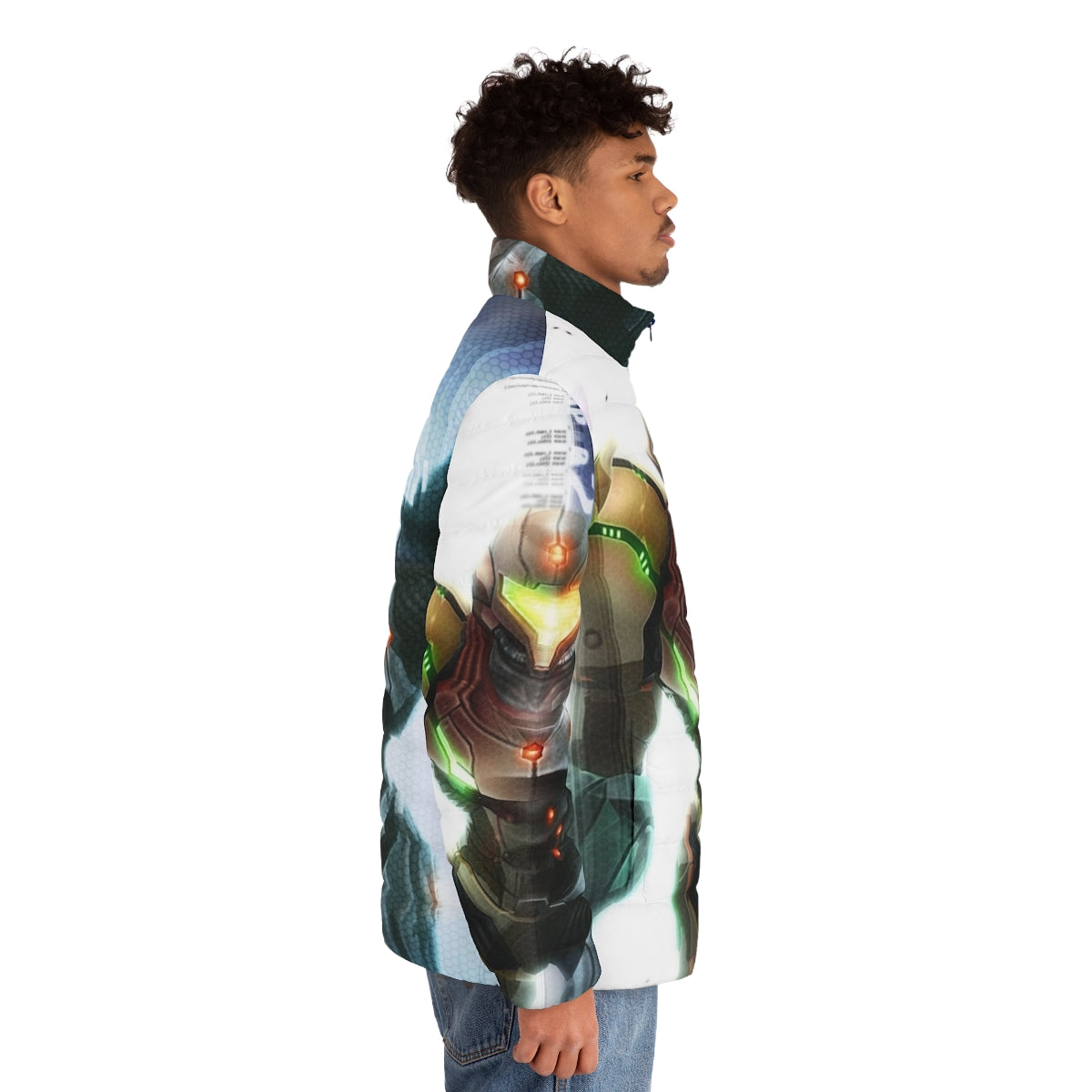 Metroid-themed puffer jacket with futuristic sci-fi design - men side right