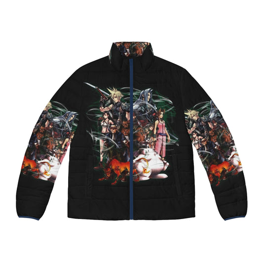 Final Fantasy VII Collage Puffer Jacket featuring iconic characters and elements from the beloved game