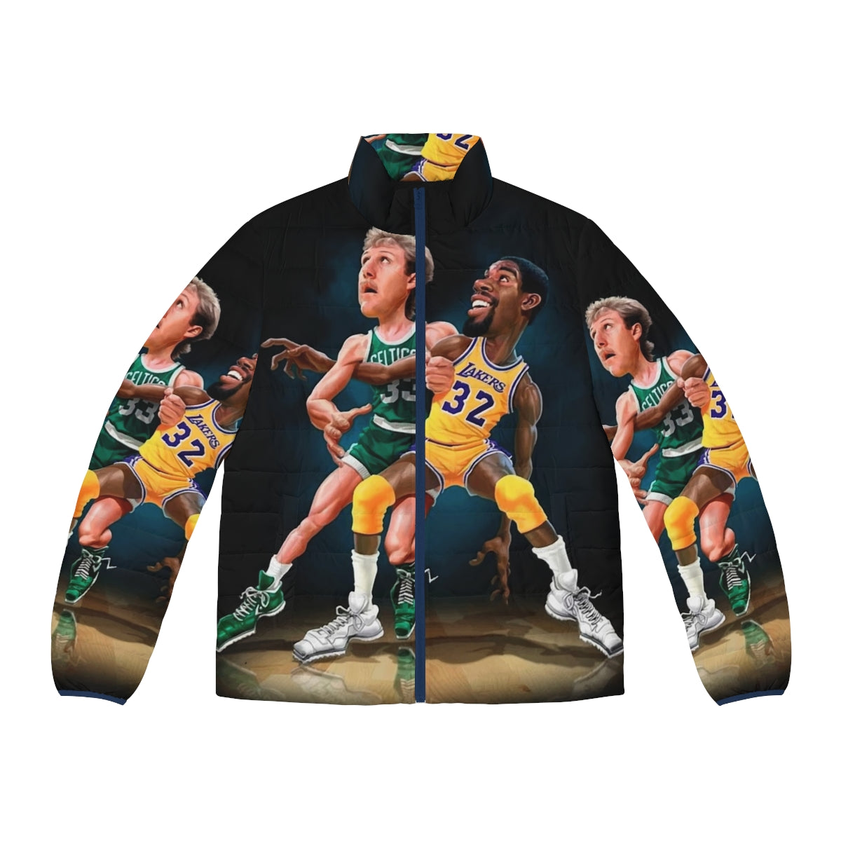 A puffer jacket with a basketball player graphic design