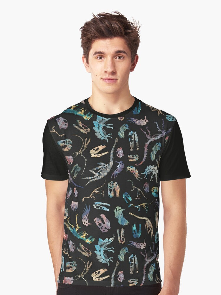 Minimalist graphic t-shirt design featuring dinosaur fossil bones and skull silhouette in a contemporary, scientific style. - Men