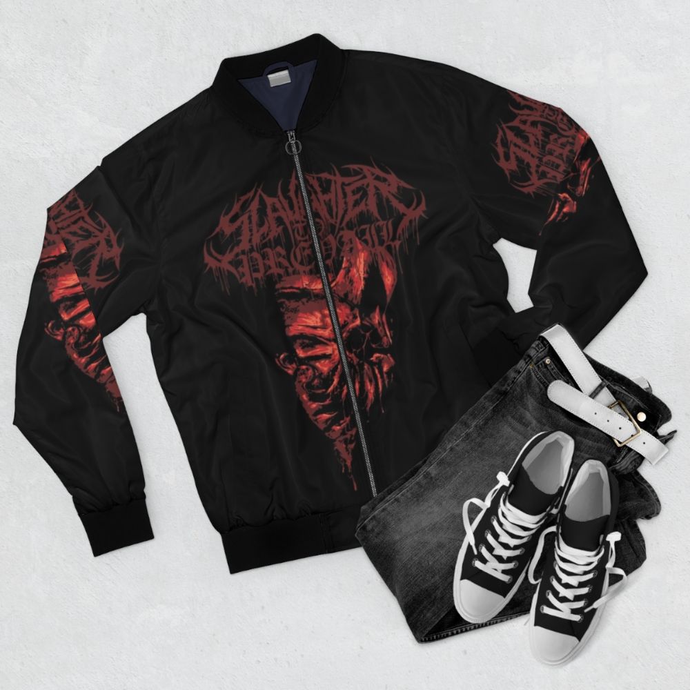 Slaughter to Prevail Bomber Jacket featuring the band's logo and artwork - Flat lay