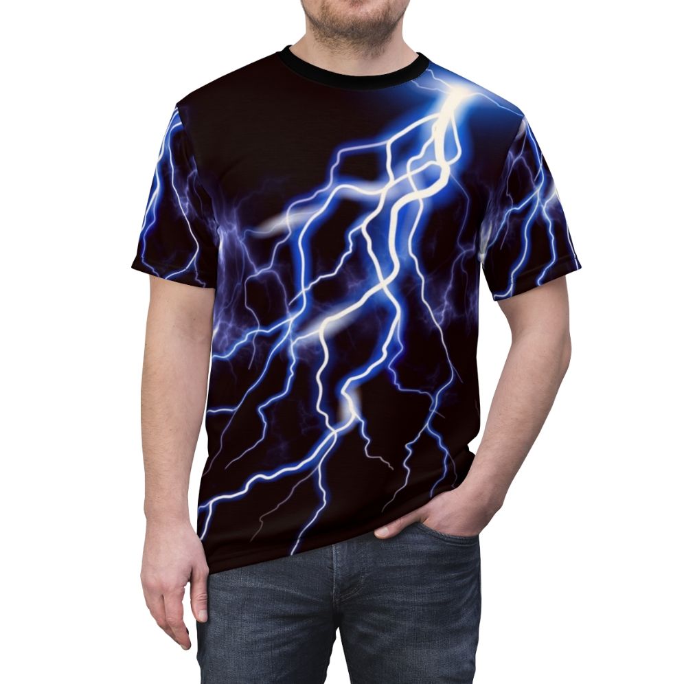 Person wearing a t-shirt with a vibrant lightning bolt graphic design on a night sky background - men front