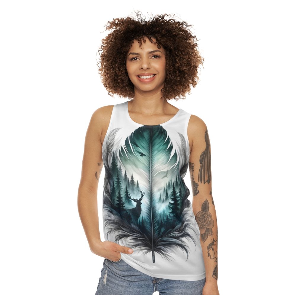 Unisex forest feather tank top with nature inspired design - women