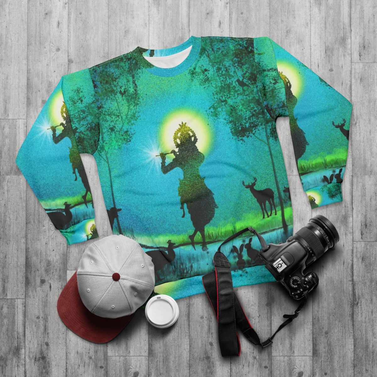 Lord Krishna Devotional Digital Painting Sweatshirt - flat lay