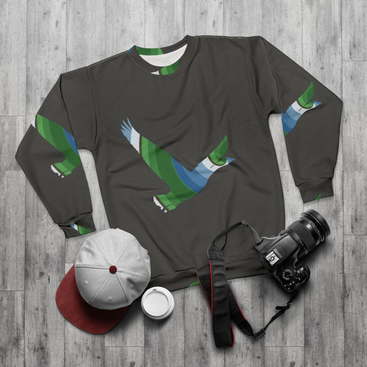 Legendary Goose Sweatshirt with Colorful Abstract Animal Art Design - flat lay