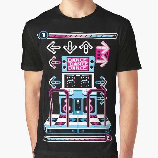 Retro dance arcade graphic t-shirt with 8-bit pixel art dance revolution design