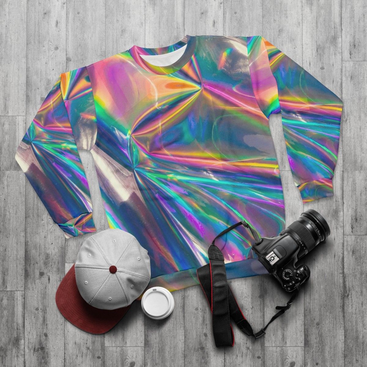 Colorful high-quality holographic sweatshirt - flat lay