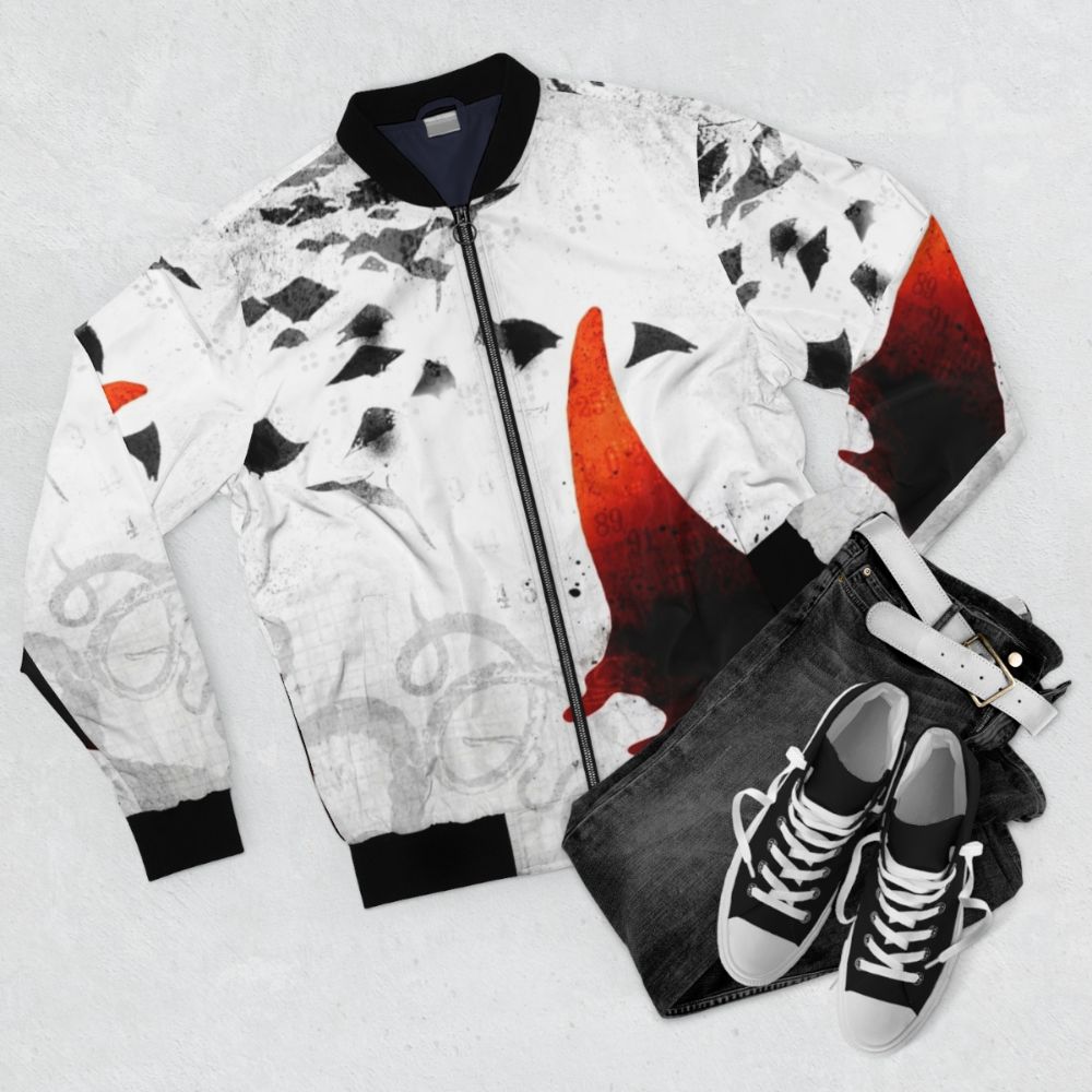 A red bomber jacket with a collage-style design featuring elements of sealife and a gritty, deep-sea aesthetic. - Flat lay