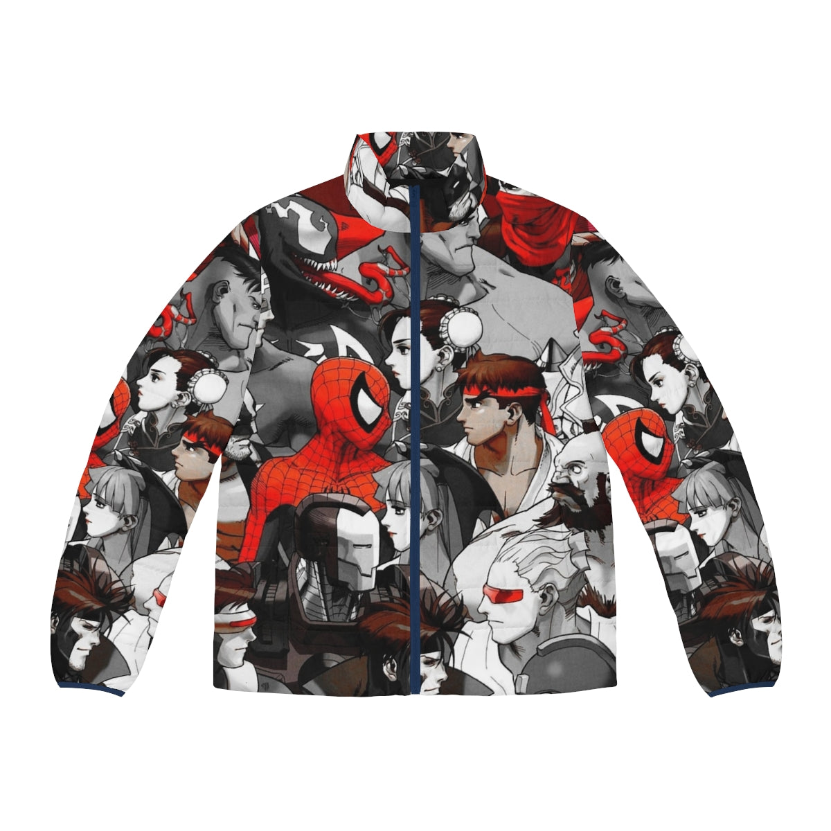 Marvel vs Capcom red puffer jacket featuring characters from popular video game and comic franchises