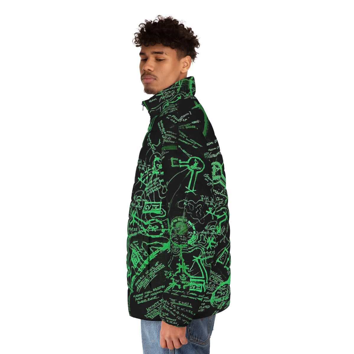 Día de los Muertos puffer jacket with sugar skull, skeleton, and floral design - men side left