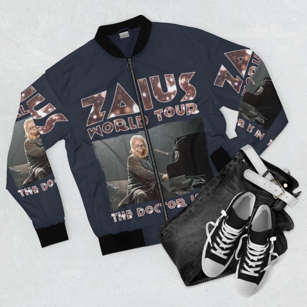 Dr. Zaius from Planet of the Apes wearing a bomber jacket with a music and piano design - Flat lay