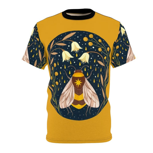 Vibrant gold and floral design t-shirt with buzzing bees, perfect for bee enthusiasts and nature lovers.