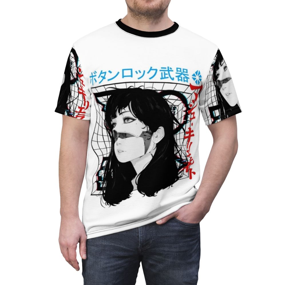 Cyberpunk-inspired t-shirt featuring a cyborg girl in a vaporwave urban style design - men front