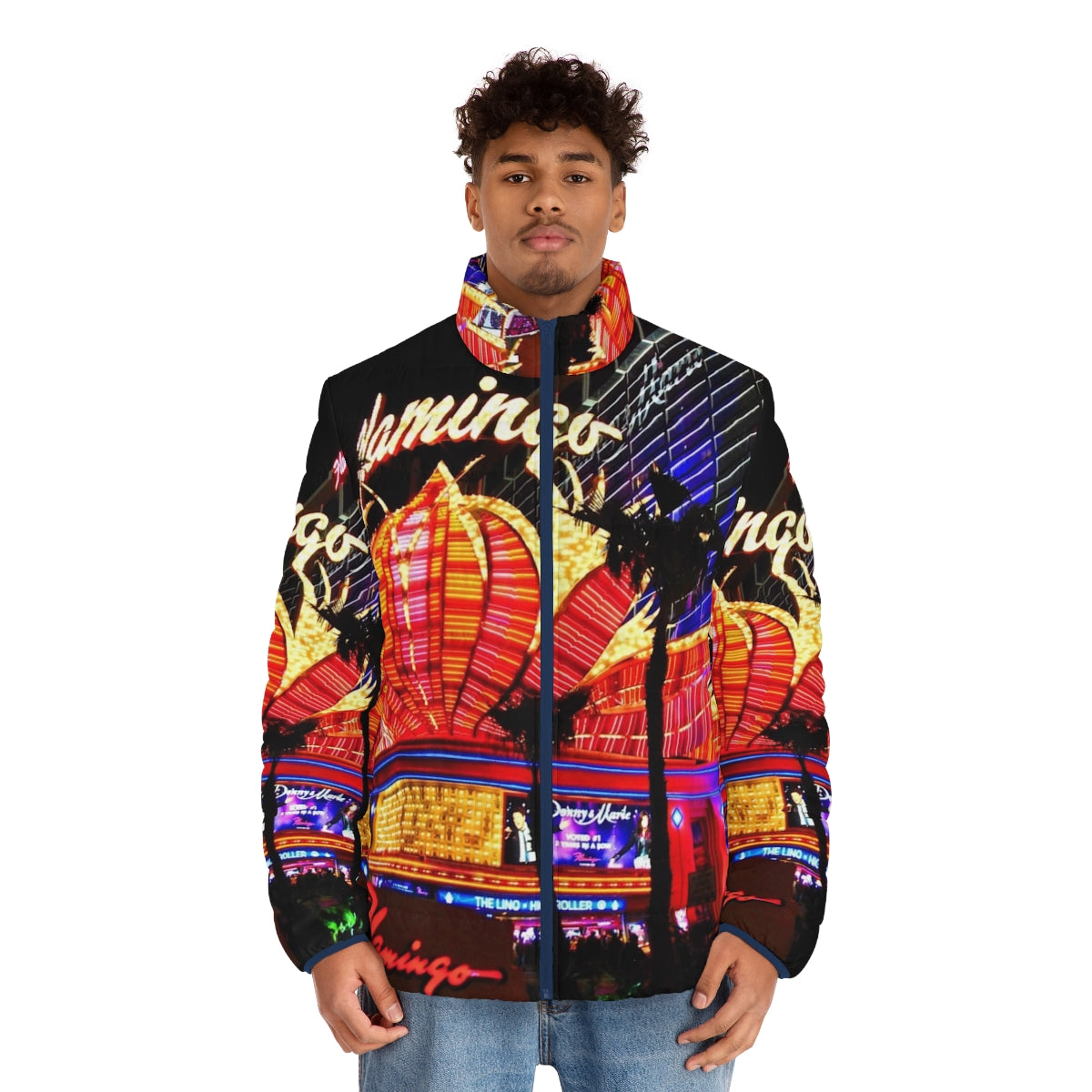 American puffer jacket featuring colorful Flamingo Las Vegas neon signs - men front