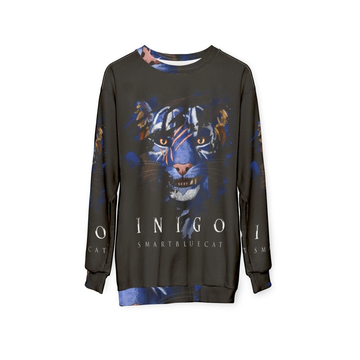 Inigo the Khajiit companion from Skyrim featured on a dark sweatshirt - hanging