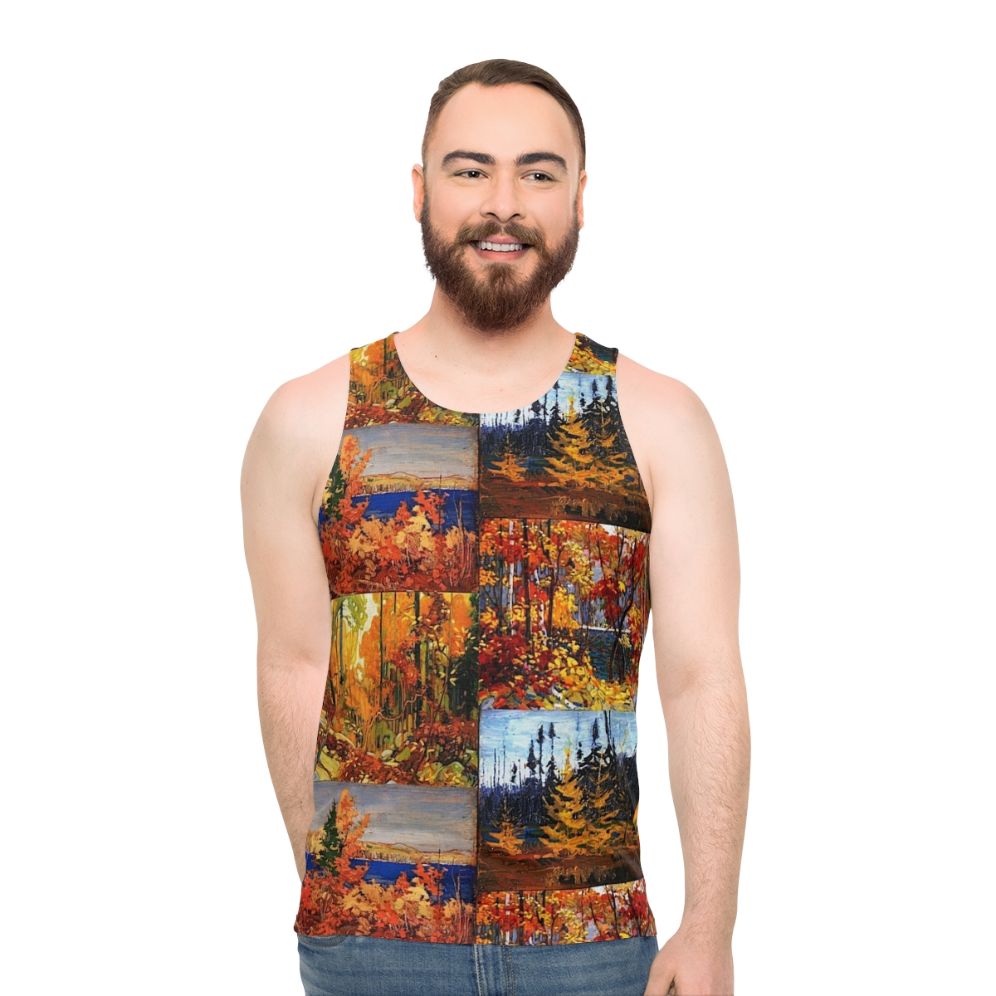 Unisex tank top featuring autumn foliage inspired by Canadian artist Tom Thomson - men