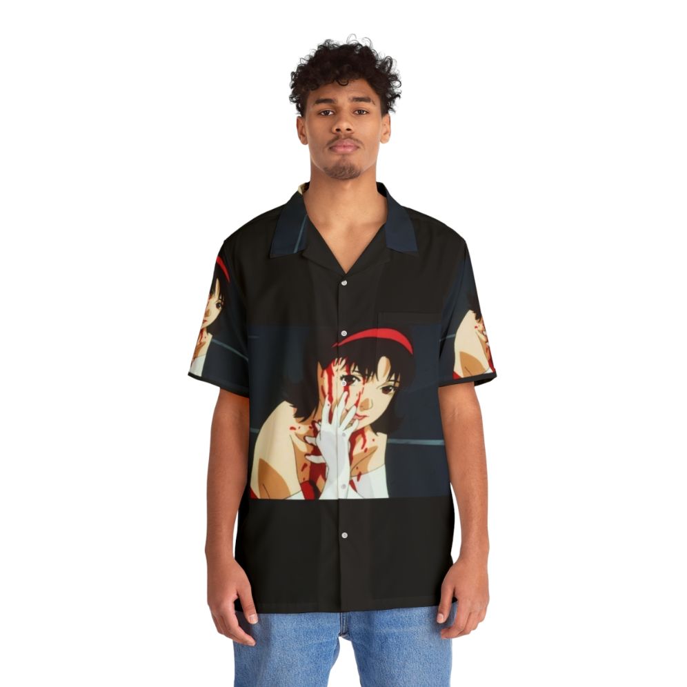 Stylish blue Hawaiian shirt featuring anime and video game inspired designs - People Front