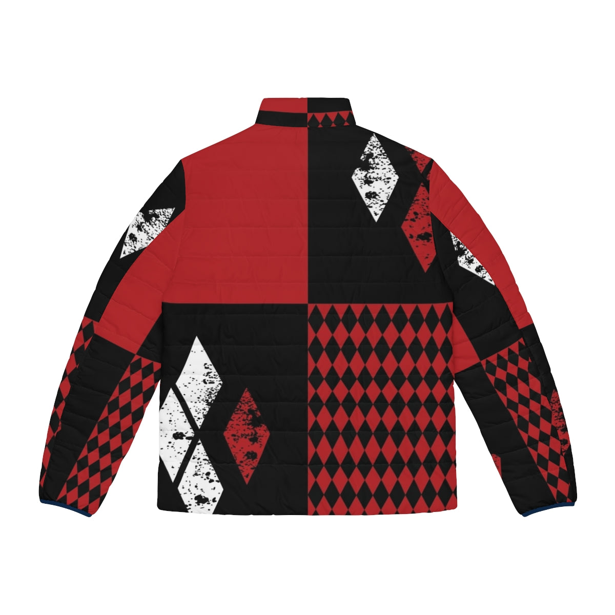 A red, white, and black puffer jacket with diamond patterns, perfect for a Harley Quinn-inspired look. - Back