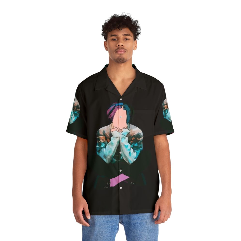 Yungblud-themed Hawaiian shirt with black and pink design - People Front