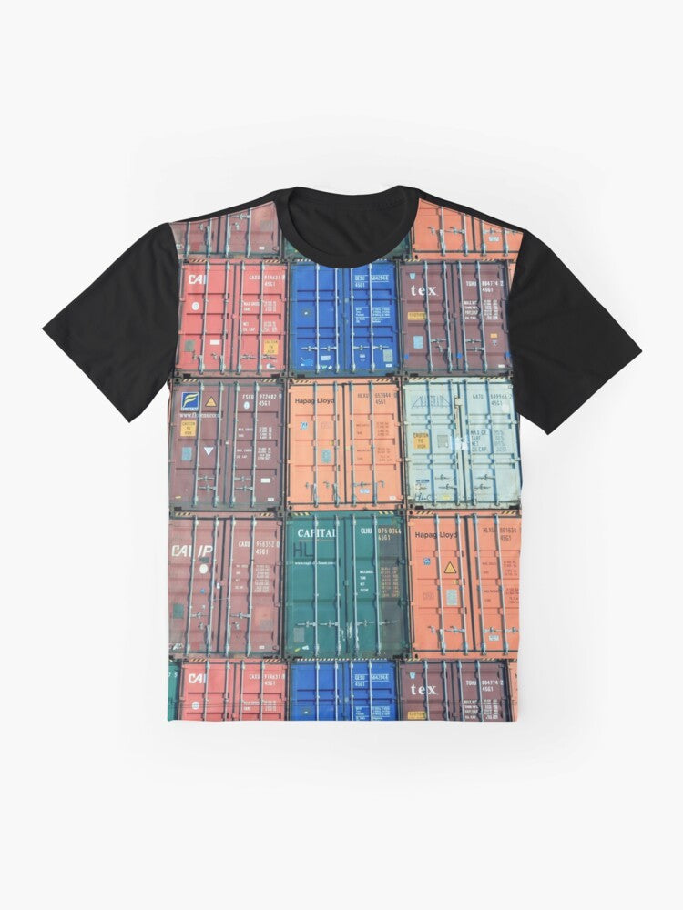 A graphic t-shirt design featuring the phrase "For the Love of Shipping Containers" with shipping containers in the background. - Flat lay