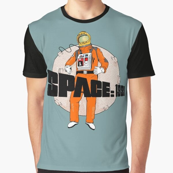 Space 1999 Astronaut Graphic T-Shirt featuring an astronaut in a space suit against a backdrop of planets and the moon