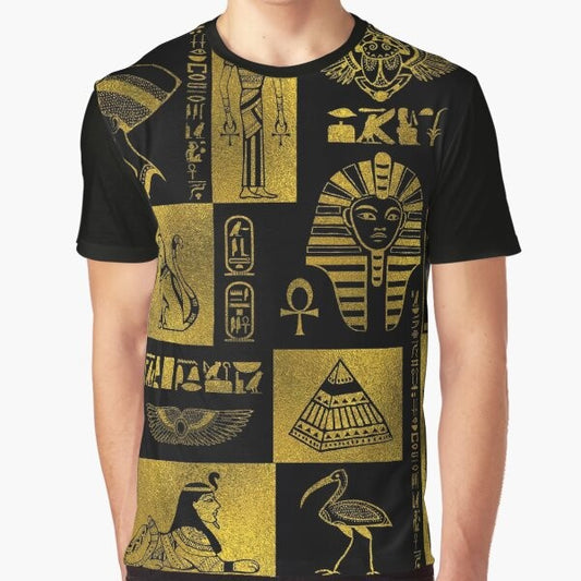 Ancient Egyptian gold hieroglyphic symbols and mythological figures graphic t-shirt design