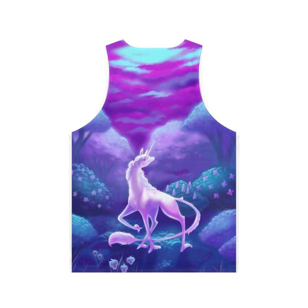 Unisex tank top featuring a minimalist design of the iconic unicorn from 'The Last Unicorn' - Back