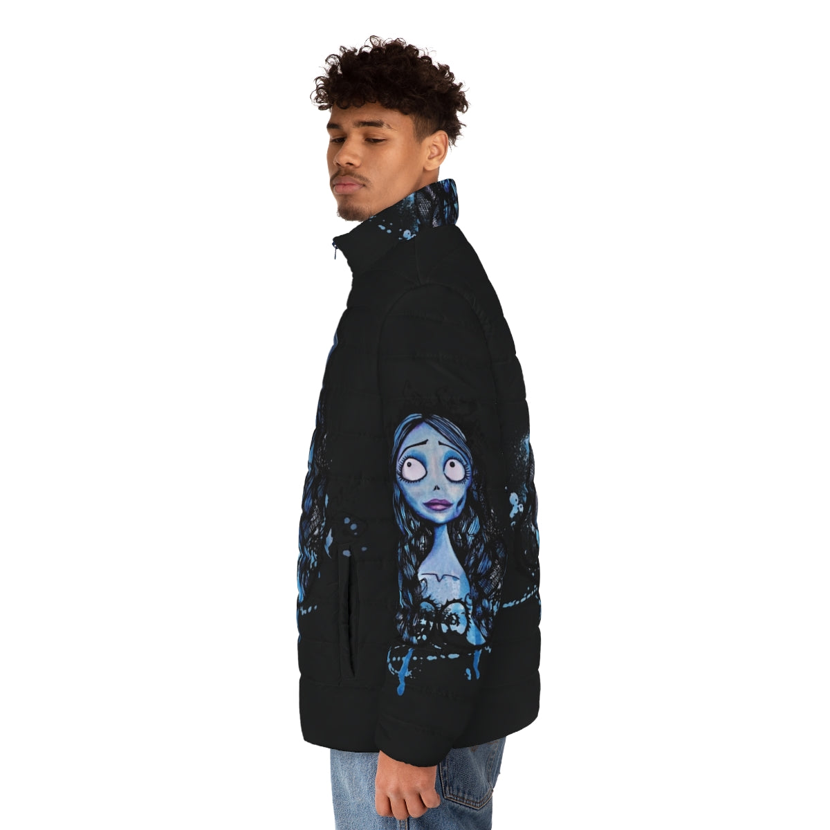 Watercolor Corpse Bride Puffer Jacket featuring the beloved character Emily from Tim Burton's classic animation - men side left