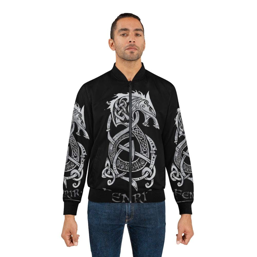 Gray bomber jacket with Norse mythology Fenrir wolf design - Lifestyle