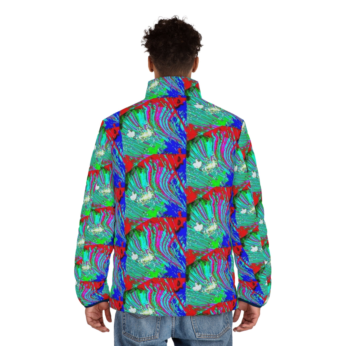 Colorful and iridescent puffer jacket with a glitch-inspired Everglades design - men back