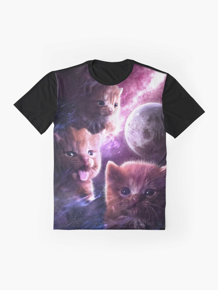 A graphic t-shirt featuring a degenerate moon design and a cute orange cat. - Flat lay